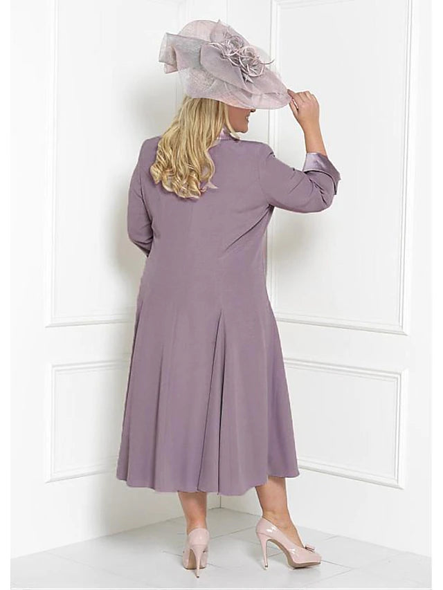 Zweiteiliges Etuikleid/Säulenkleid für die Mutter der Braut, Kirche, Übergröße, Wickelkleid inklusive, quadratischer Ausschnitt, knielang, Charmeuse, 3/4-Ärmel mit Schärpe/Band, Rüschen